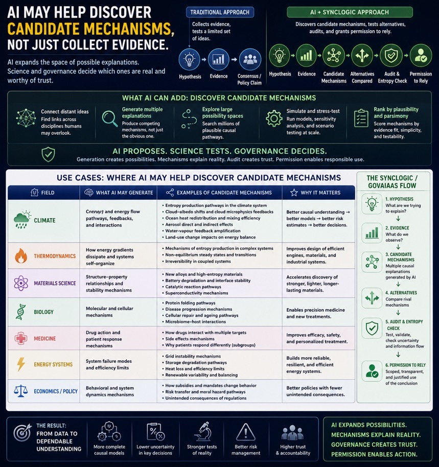 Infographic explaining an AI plus SyncLogic approach to discovering candidate mechanisms, comparing alternatives, auditing and granting permission to rely across climate, thermodynamics, materials science, biology, medicine, energy systems and economics or policy.