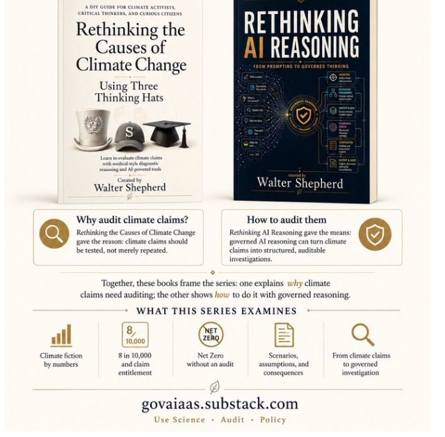 Rethinking the Causes of Climate Change and Rethinking AI Reasoning, by Walter Shepherd. The series examines climate fiction by numbers, 8 in 10,000 and claim entitlement, Net Zero without an audit, scenarios, assumptions, and consequences, and from climate claims to governed investigation.